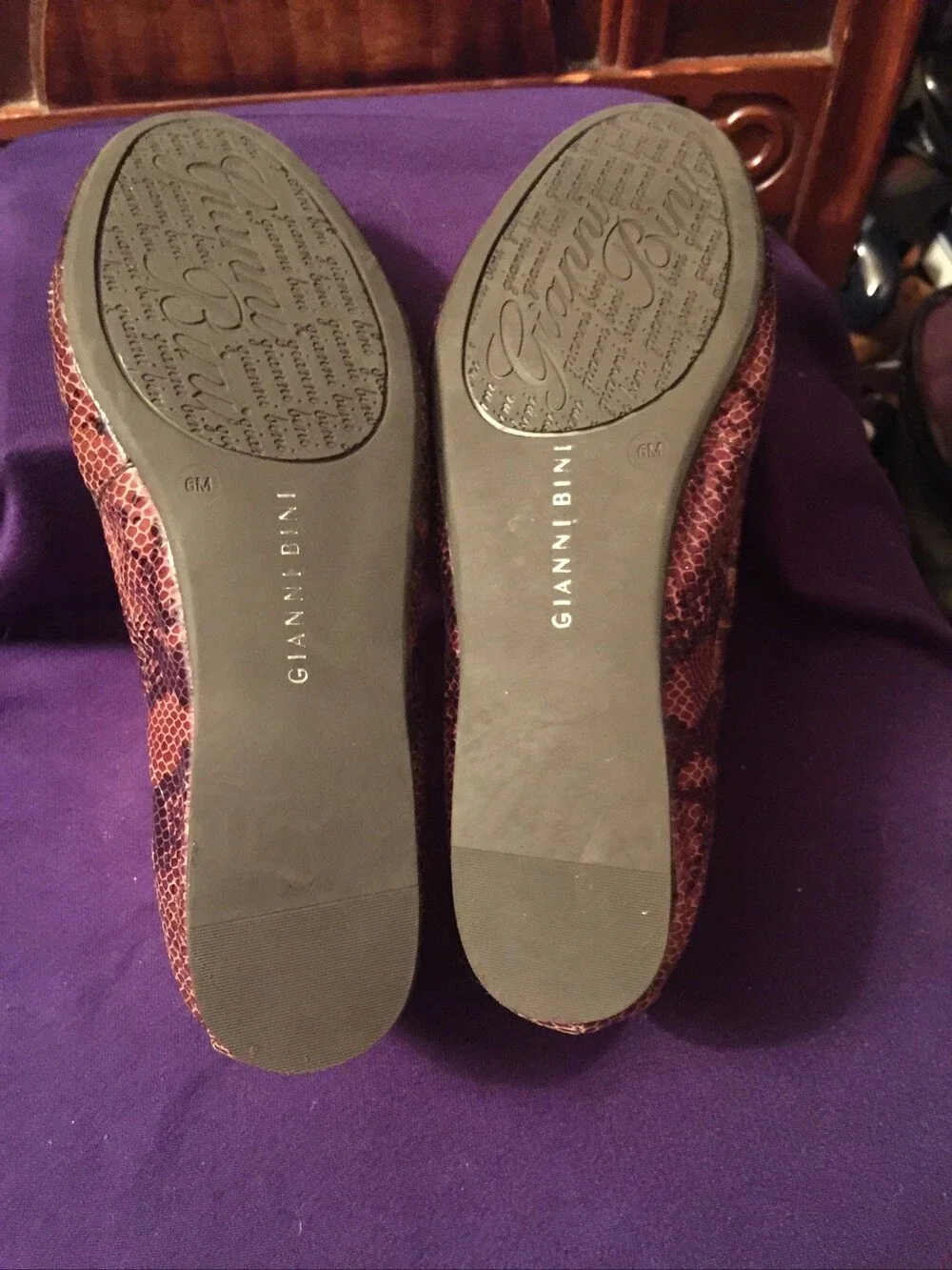 Gianni Bini SZ 6M Women's Brown Snake Print Ballet Flats W/ Zipper Bow